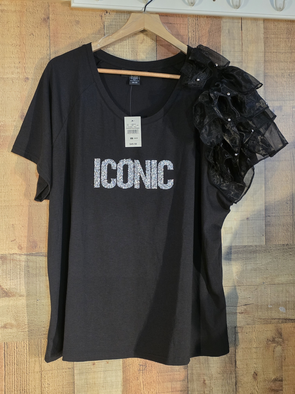 Ashley Stewart Black 'ICONIC' Short Sleeve Tee with Ruffle Shoulder